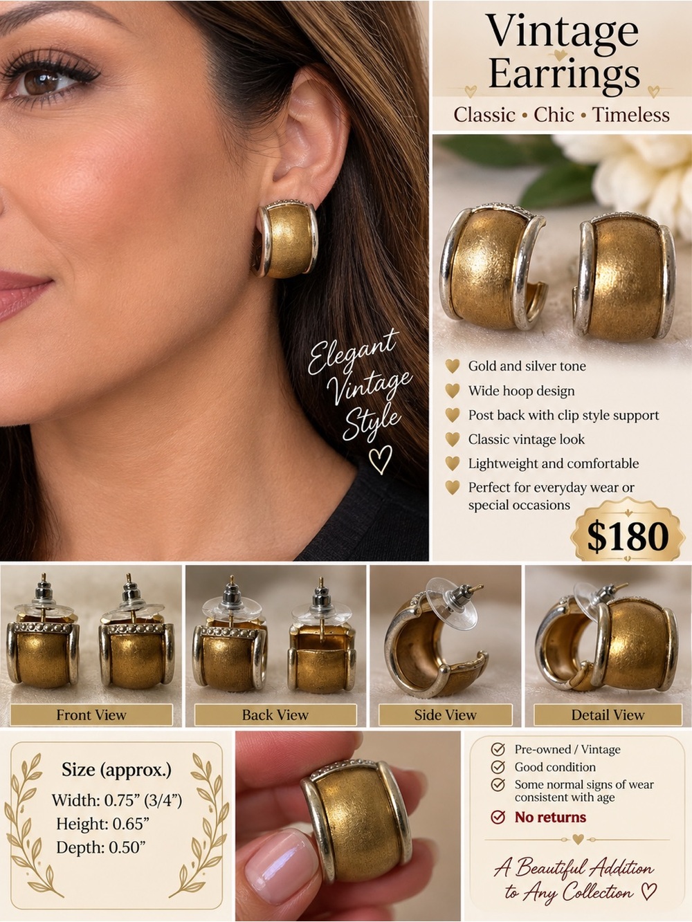 Vintage Gold and Silver Tone Wide Hoop Earrings - Elegant Classic Style